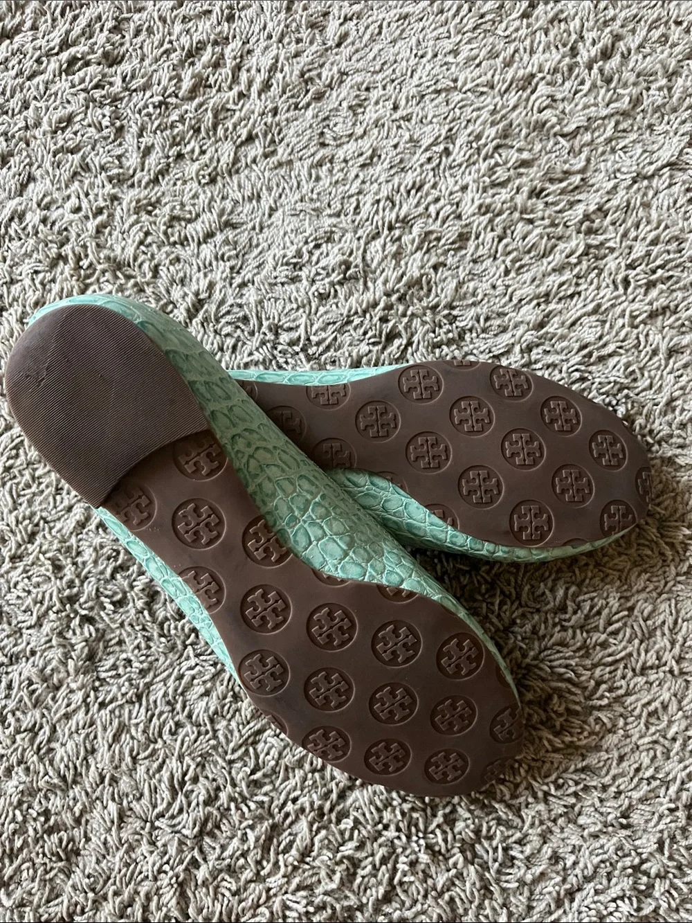 Tory Burch Mint Green Croc-Embossed Logo Ballet Flats
